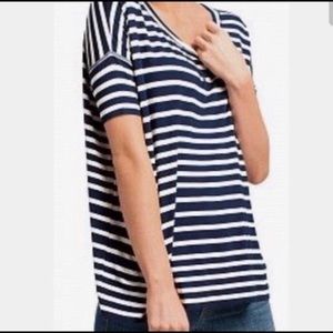 Cabi #769 Sailing Navy and White Striped Top, Med